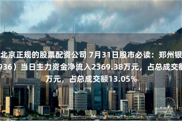 北京正规的股票配资公司 7月31日股市必读：郑州银行（002936）当日主力资金净流入2369.38万元，占总成交额13.05%